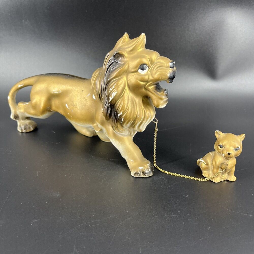 Vintage Lipper And Mann Ceramic Gold Lion & Baby On Chain Leash Japan